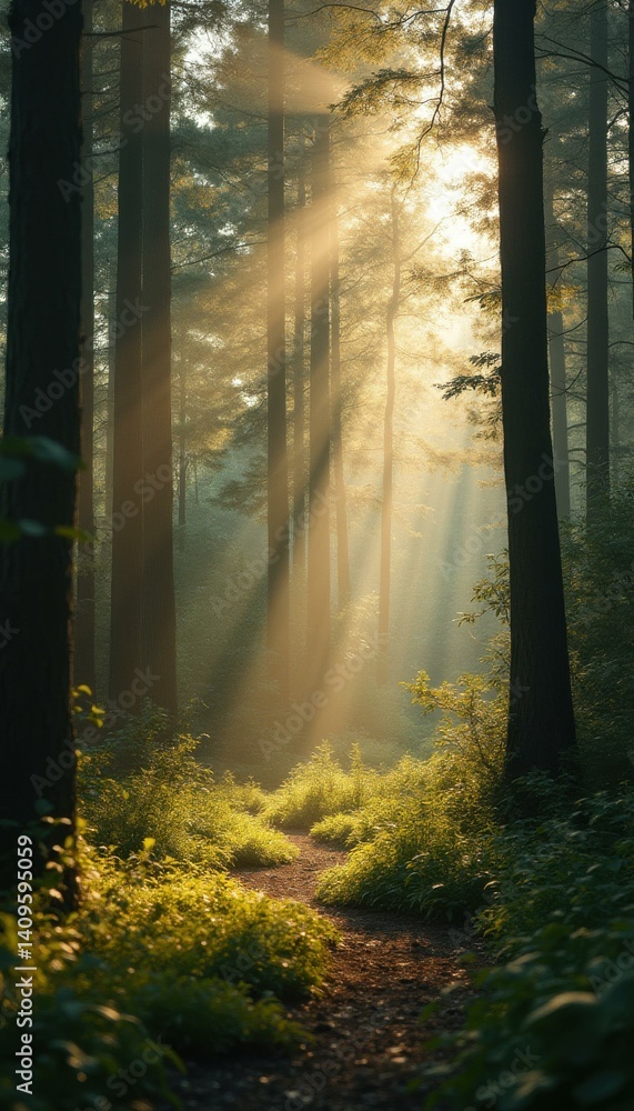Poster A forest path bathed in golden sunlight, surrounded by tall trees and lush greenery, creating a serene and inviting atmosphere.
