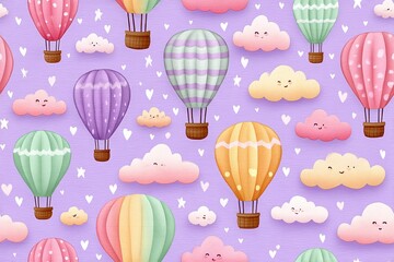 Obraz premium Pastel Hot Air Balloons and Fluffy Clouds Pixel Art Seamless Pattern