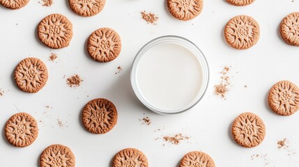 Cookies Arranged Around a Glass of Milk on a White Background