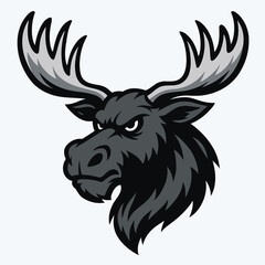  Illustration of a moose head with large, prominent antlers with  bold black and gray colors.