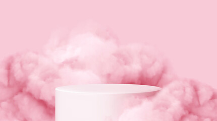 Elegant Pink Vector Illustration Featuring a Minimalist Cylinder Pedestal Against a Soft Cloudy Background Perfect for Design and Presentation Themes