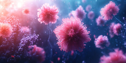 Sperm reproduction cells in light pink under microscope in natural habitat on dark background. Header banner mockup with copy space.