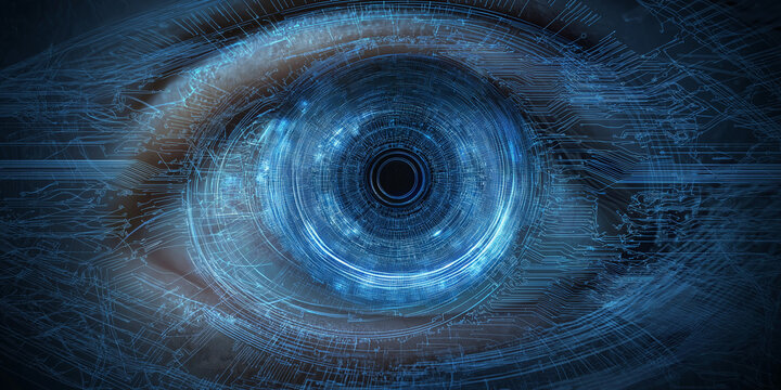 Digital cybernetic eye with glowing blue HUD and futuristic technology elements

