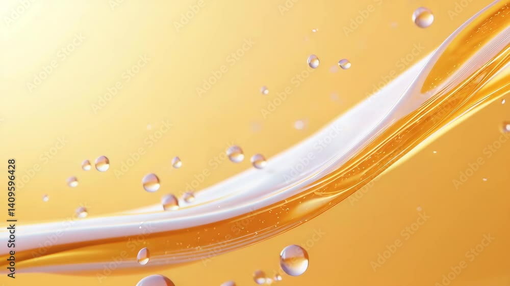 Poster close-up of flowing liquid with droplets on a soft gradient background in warm tones