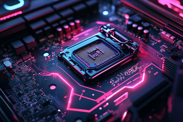 Vibrant Pink Neon Lights Illuminate Powerful Computer CPU Closeup