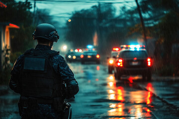 Special unit police prepare to engage in operation at crime scene amidst heavy rainfall