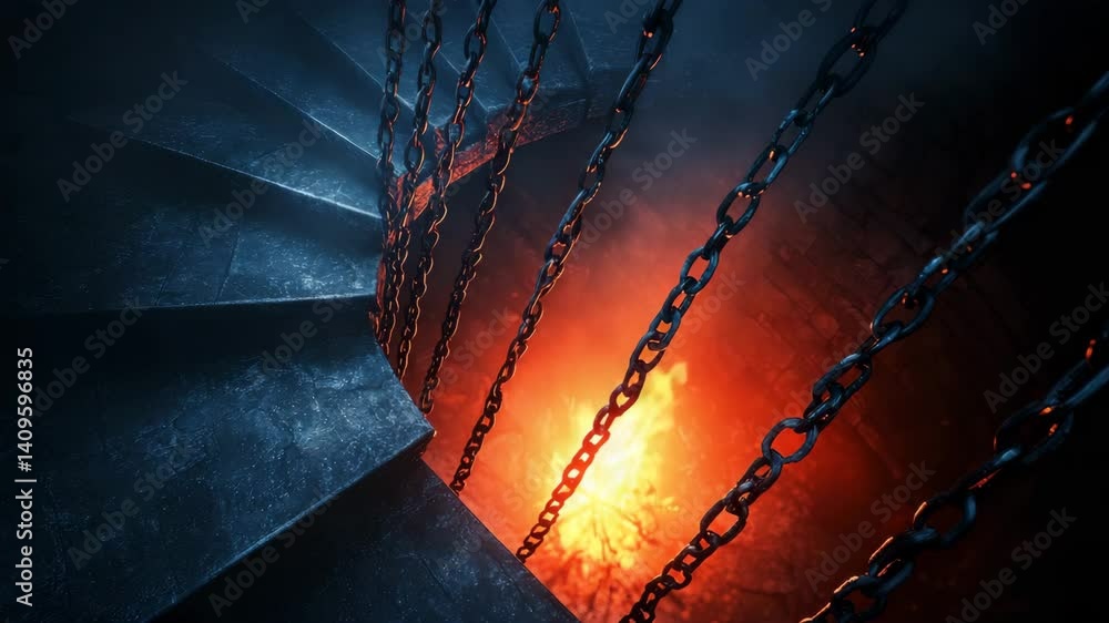 Poster descending staircase surrounded by chains and glowing fiery light creating an atmosphere of suspense
