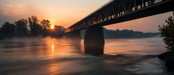 Fototapeta premium Sunrise Bridge Over Misty River