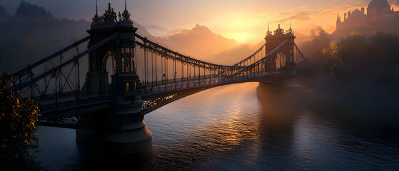 Naklejka premium Majestic Suspension Bridge at Sunrise
