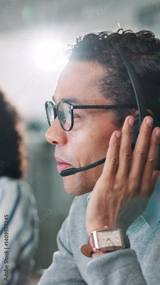 Poster call center, help desk and business man consulting for assistance with it technician for support. co