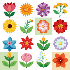 Assorted stylized flowers in a vector illustration grid