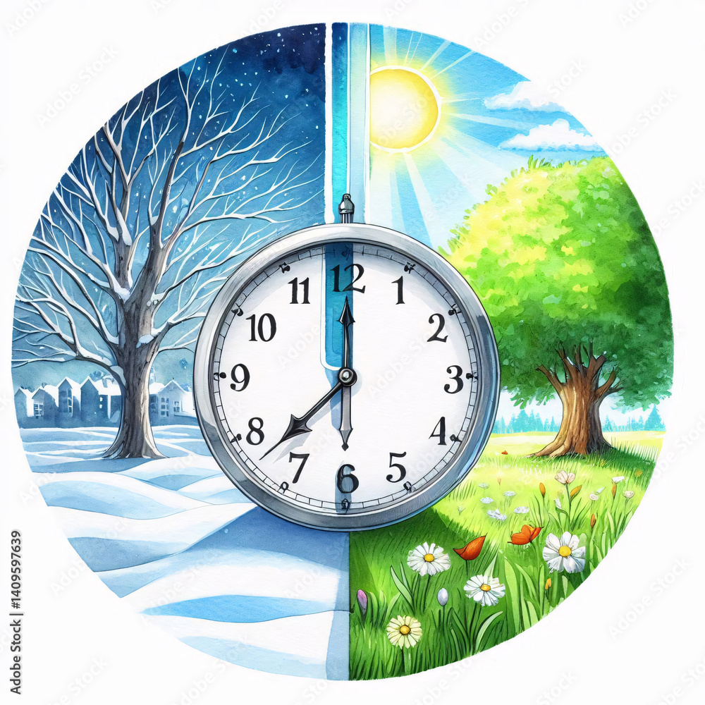 Poster Realistic clock illustration with split background of frozen winter tree and green spring tree to represent time change
