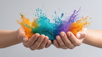 creative idea generation thinking outside the box expression, hands painting abstract shapes into the air using vibrant colors, emotion and imagination concept