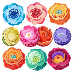 Nine vibrant stylized flowers arranged on a white background