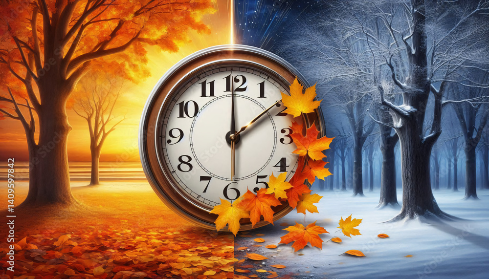 Poster Nature transition from autumn to winter captured in realistic landscape behind clock indicating time rollback