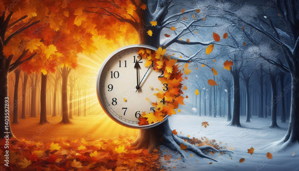 Poster Photorealistic image showing daylight saving rollback with fall foliage blending into snowy winter scenery