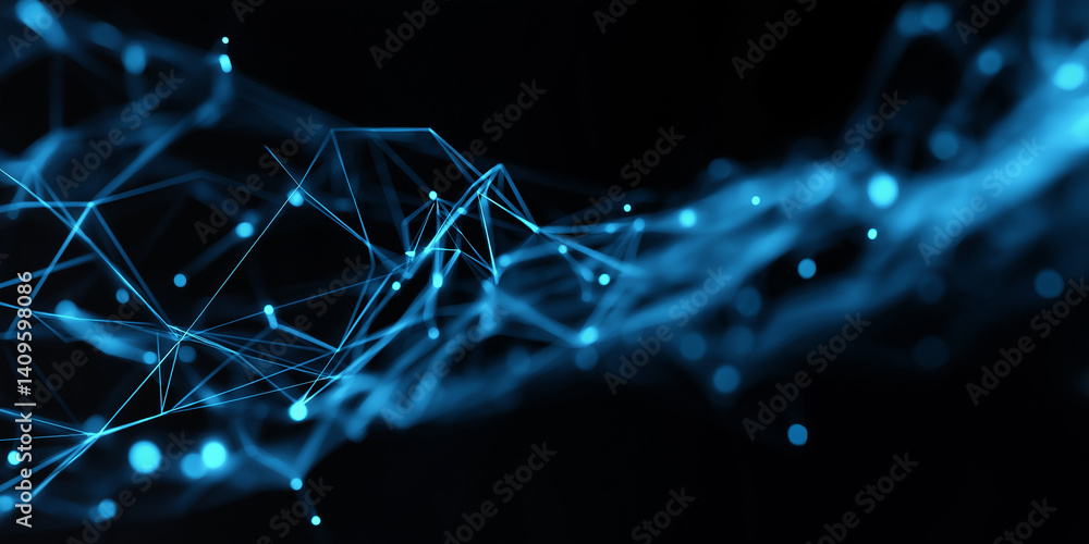Poster futuristic network of connected digital nodes and blue lines in dark space