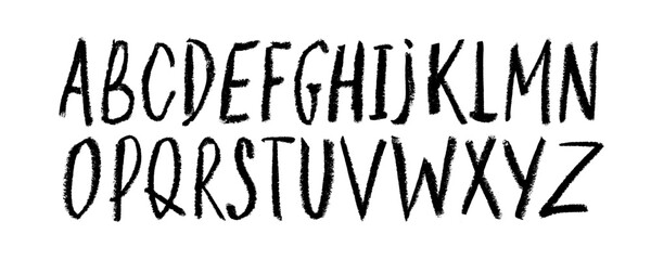 Crayon drawn simple alphabet letters collection. Childish funky vector font. Black ink capital letters with rough texture. Cute playful doodle font for school, kindergarten and kid's design.