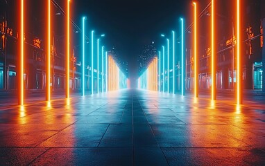 Neon-lit city street at night, vibrant orange and blue glowing lights illuminate the pathway