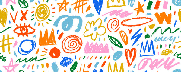 Colorful funky kid's seamless pattern with crayon drawn cute elements. Flowers, squiggles and scribbles, quirky fun abstract shapes seamless banner. Freehand cute kid scribbles, childish doodles.
