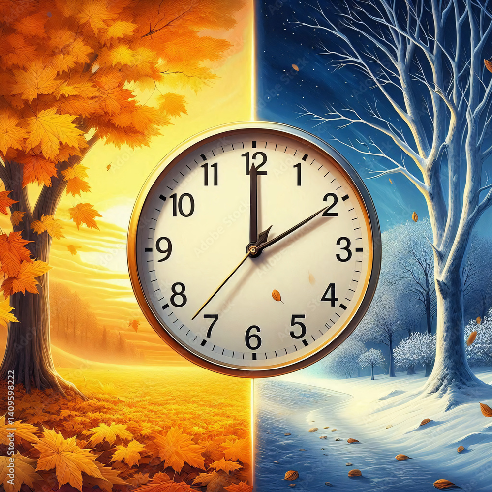 Poster time rollback concept art featuring clock and dual seasonal background of falling leaves and snow-co