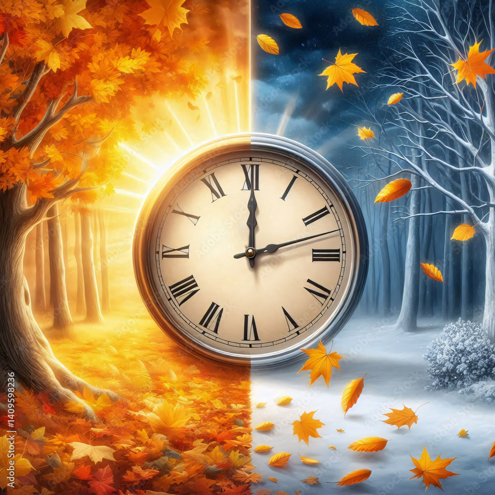 Poster Autumn-to-winter transition image with realistic nature details and clock symbolizing daylight saving time end