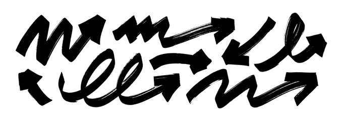 Bold brush drawn curved and wavy arrows collection. Funky vector thick arrows. Hand drawn bold direction pointers, squiggle thick lines, curly brush strokes for banners, design or collages.