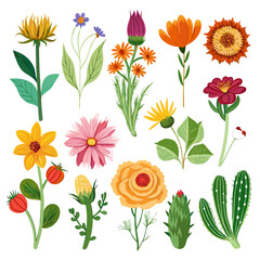 Wildflower Vector Collection: Hand-Drawn Flowers, Leaves, and Plants