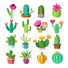 Cartoon Potted Cacti Collection with Blooming Flowers, Flat Illustration