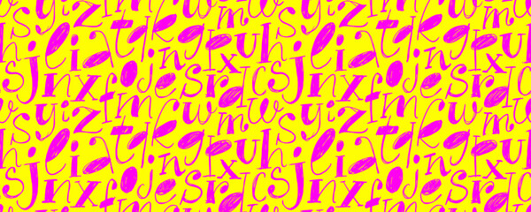 Colorful funky seamless pattern with childish serif font. Retro or vintage motif typography background. Hand drawn rough inked alphabet letters. Grunge and punk pink letters on yellow background.