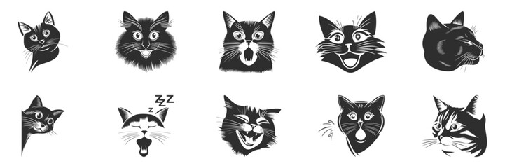 Obraz premium Cat Expressions Silhouette Set. Playful And Curious Feline Faces Isolated Vector Illustration Collection