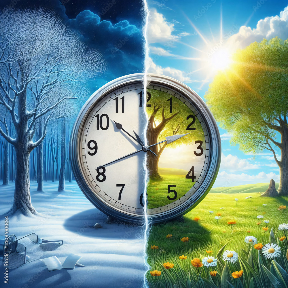 Poster Concept image of time shift from winter to spring with snowy tree and blooming tree under bright sky and clock