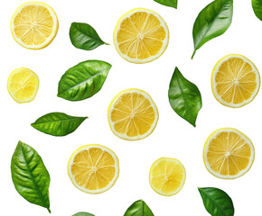 Fresh lemon and green leaves nature inspired food bright colors. Isolated on transparent background, png.