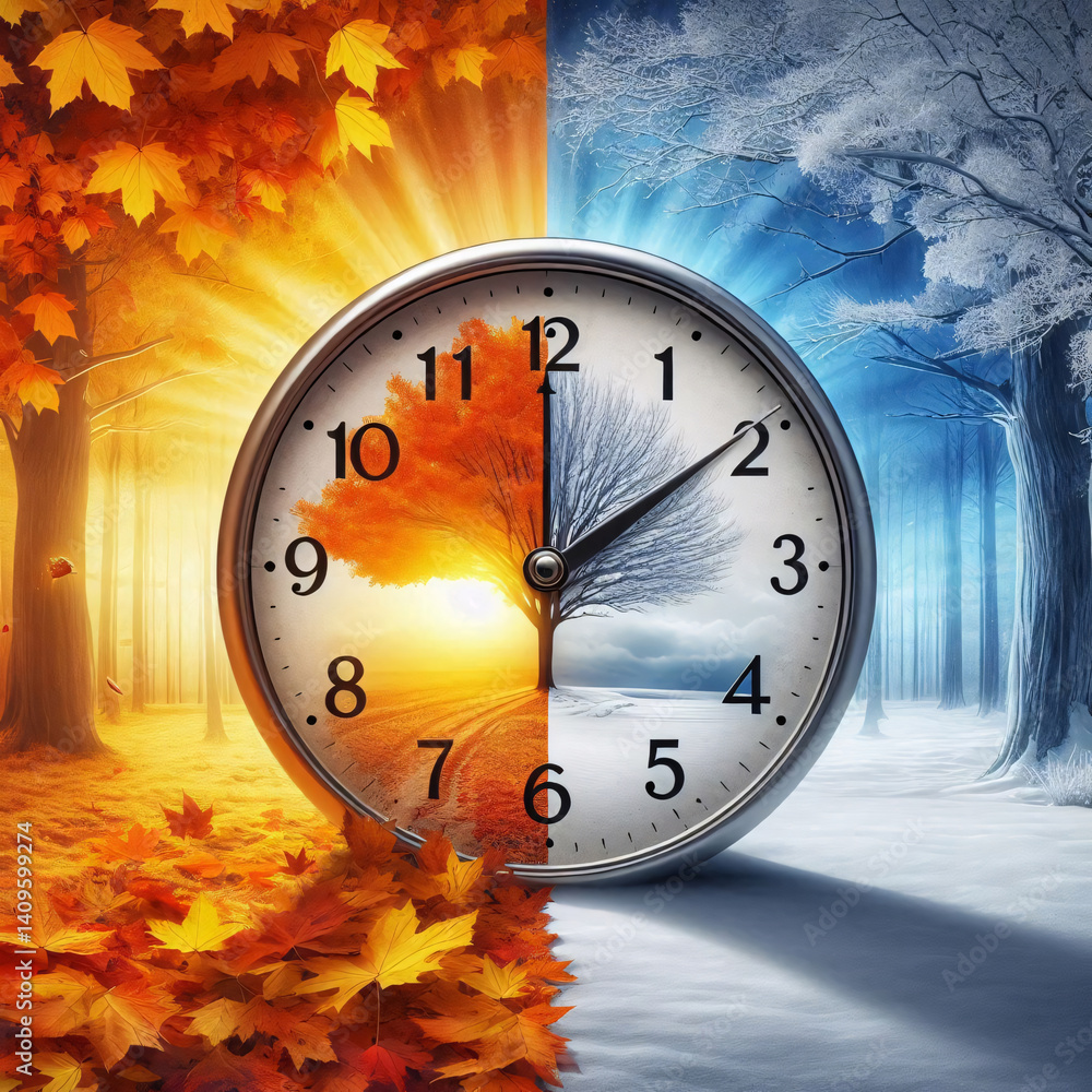 Poster Realistic clock showing daylight saving time rollback with split background of golden autumn and frosty winter trees
