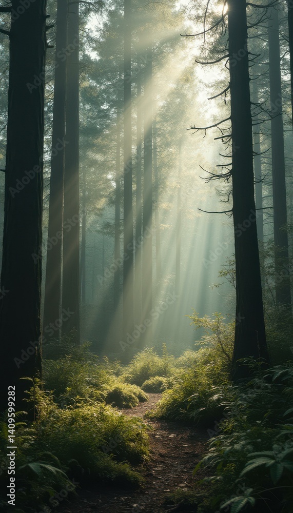 Aufkleber Sunbeams illuminate a forest path amidst lush ferns and towering trees, creating a serene and tranquil scene with dappled light and shadow.