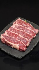 Raw Beef Steaks on Dark Stone Plate Food Photography