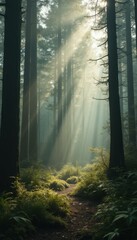 Fototapeta premium Sunbeams illuminate a forest path amidst lush ferns and towering trees, creating a serene and tranquil scene with dappled light and shadow.