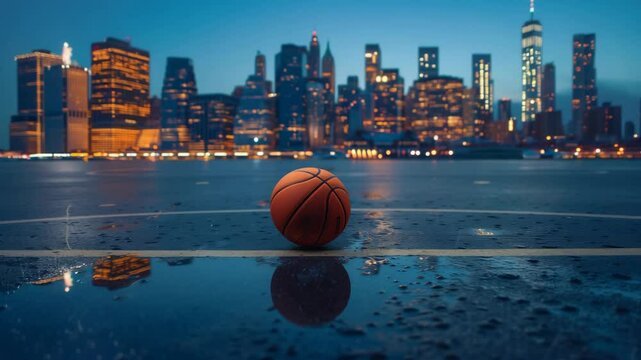 Basketball on a wet surface at dusk in the background.