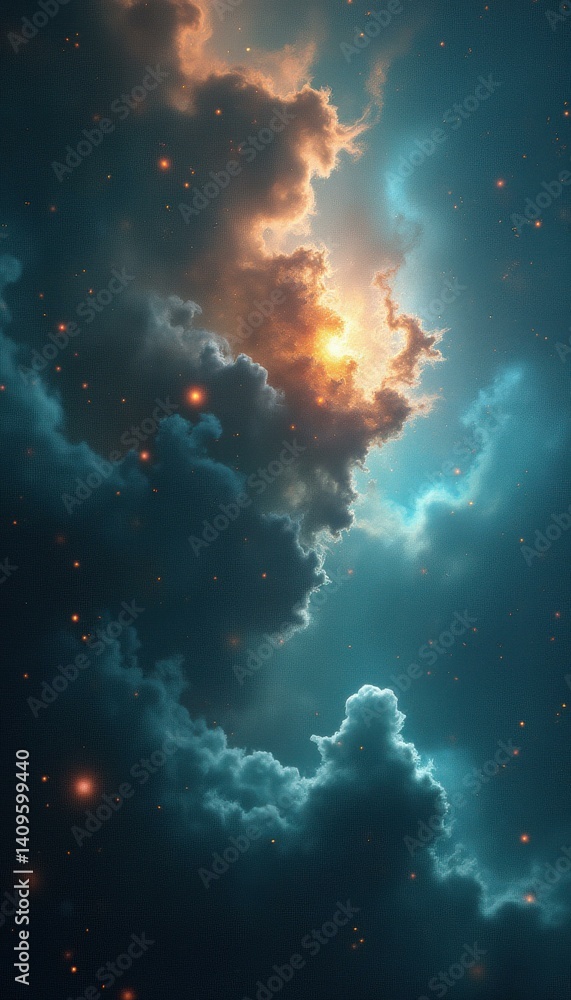 Poster ethereal celestial artwork of vivid clouds and nebula with glowing light accents and deep teal sky i