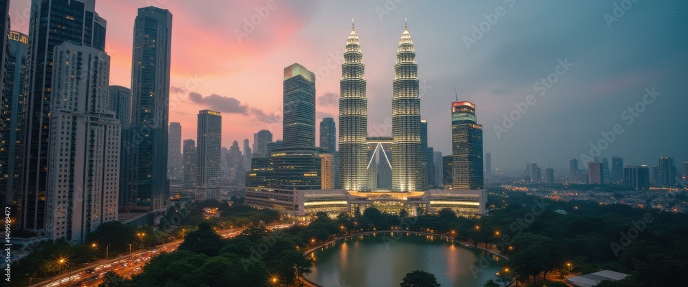 Poster majestic cityscape view with soaring towers and a serene lake at twilight, showcasing modern archite
