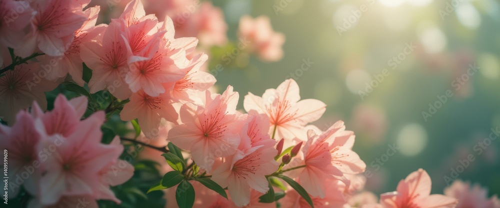 Aufkleber pink azalea flowers in soft sunlight with bokeh background create a peaceful garden scene