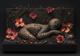 Sleeping creature, nature scene, art display