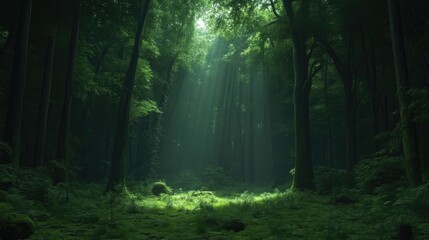 Obraz premium Sunlight streams through dense forest canopy. Lush green trees and undergrowth. Mystical, serene woodland scene