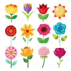 Colorful Flat Design Flower Set Isolated on White