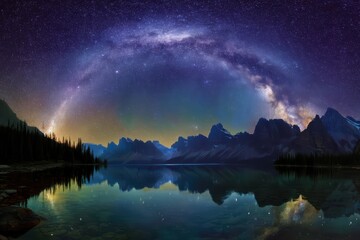 Starry night sky with Milky Way over calm lake reflecting mountains.