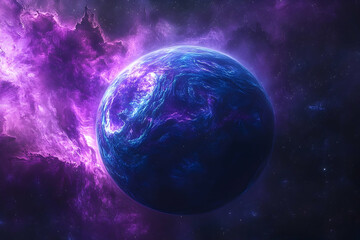 Fototapeta premium Cosmic celestial body surrounded by vibrant nebulae.