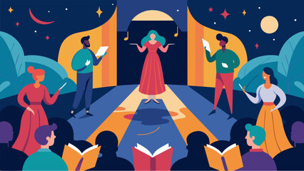With each performance the audience was transported to different worlds enraptured by the power of poetry.. Vector illustration