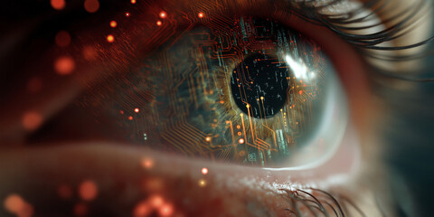 Human eye with glowing green digital effects and futuristic virtual elements
