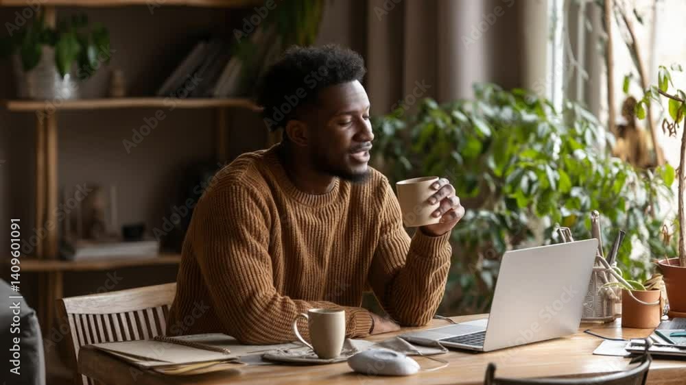 Poster handsome man engages in call on laptop while relaxing at home generative ai