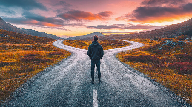 Road decision moment, with a person choosing between two paths in a scenic landscape, road decision, life choices